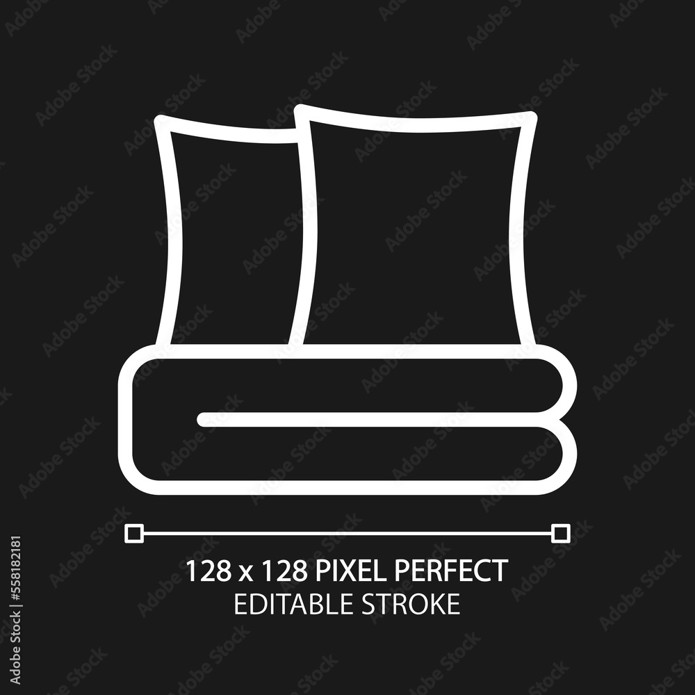 Bedding set pixel perfect white linear icon for dark theme. Sheets and pillows. Soft textiles. Bedspread. Home furniture. Thin line illustration. Isolated symbol for night mode. Editable stroke Bedding set pixel perfect white linear icon for dark theme. Sheets and pillows. Soft textiles. Bedspread. Home furniture. Thin line illustration. Isolated symbol for night mode. Editable stroke