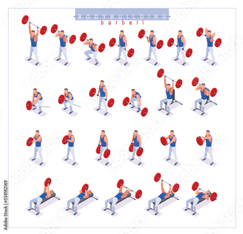 Barbell Training Bodybuilding Exercises set. Best barbell exercises for building big and beautiful muscles in gym. Healthy and active lifestyle. Isometric icons on isolated background