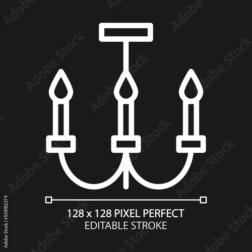 Chandelier pixel perfect white linear icon for dark theme. Ceiling light fixture for dining room. Home furniture store. Thin line illustration. Isolated symbol for night mode. Editable stroke