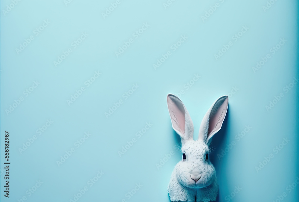 a white bunny rabbit peeking out from behind a blue wall with its head ...