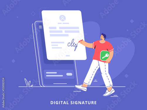 Digital signature on mobile smartphone app for electronic agreement. Flat vector illustration of happy man standing near big mobile phone and signing an online form or a contract using mobile app 