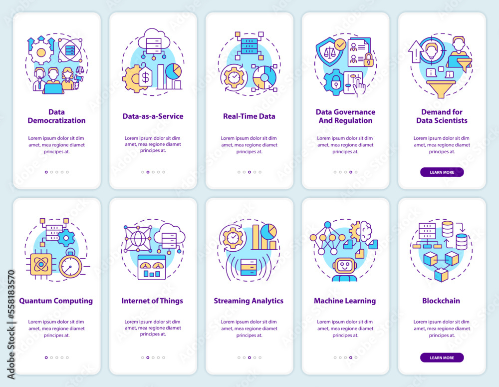 Data science trends and technology onboarding mobile app screens set. Walkthrough 5 steps editable graphic instructions with linear concepts. UI, UX, GUI template. Myriad Pro-Bold, Regular fonts used