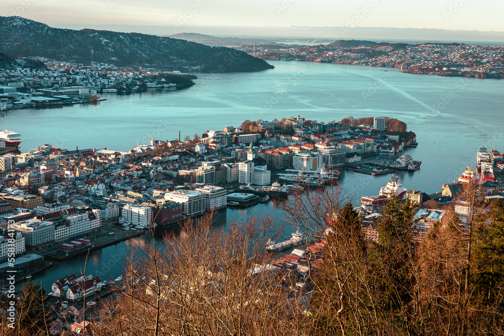 Bergen Winter Aerial Panoramic View from Mount Floyen Viewpoint. Bergen, Hordaland, Norway. UNESCO World Heritage Site.