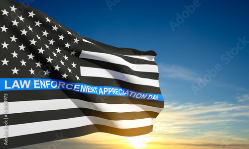 Thin Blue Line. American flag with police blue line on a background of sunset. Support of police and law enforcement. National Law Enforcement Appreciation Day. EPS10 vector