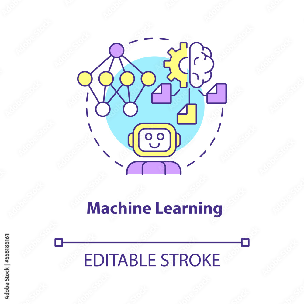 Machine learning concept icon. Automatic algorithm. Data science technology abstract idea thin line illustration. Isolated outline drawing. Editable stroke. Arial, Myriad Pro-Bold fonts used Machine learning concept icon. Automatic algorithm. Data science technology abstract idea thin line illustration. Isolated outline drawing. Editable stroke. Arial, Myriad Pro-Bold fonts used