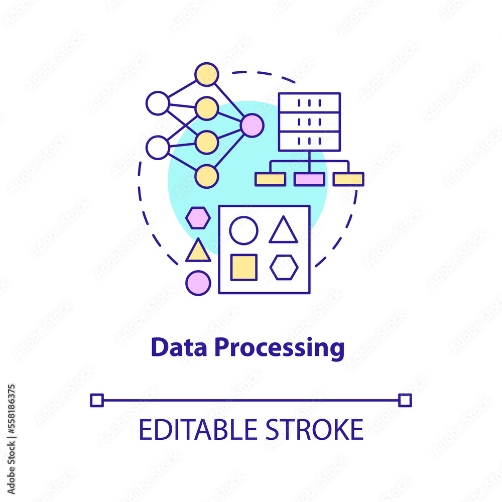 Data processing concept icon. Virtual operation. Work with digital information stage abstract idea thin line illustration. Isolated outline drawing. Editable stroke. Arial, Myriad Pro-Bold fonts used