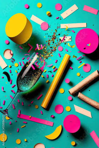 Fusion of contemporary art and old fashioned style. Pop art background, colorful colors, collage of different elements and symbols of celebration and party. Illustration. Generative AI.