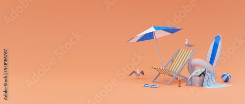 Summer vacation concept. Beach chair and beach accessories, 3d illustration.