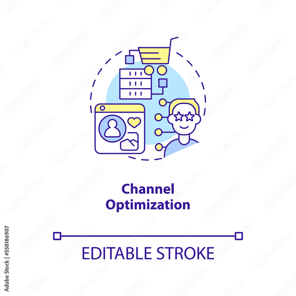 Channel optimization concept icon. Business digitization. Data science in marketing abstract idea thin line illustration. Isolated outline drawing. Editable stroke. Arial, Myriad Pro-Bold fonts used