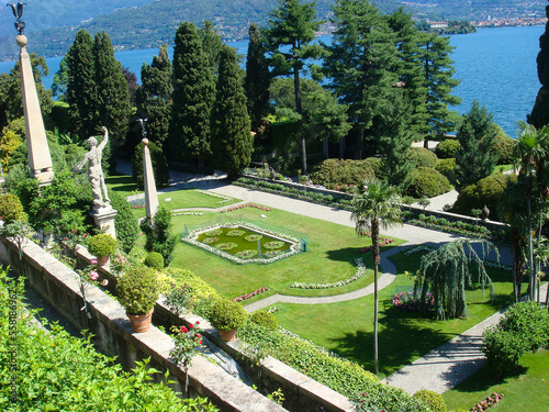 Beautiful view of the park and lake on the sunny day. Stresa. Italy.