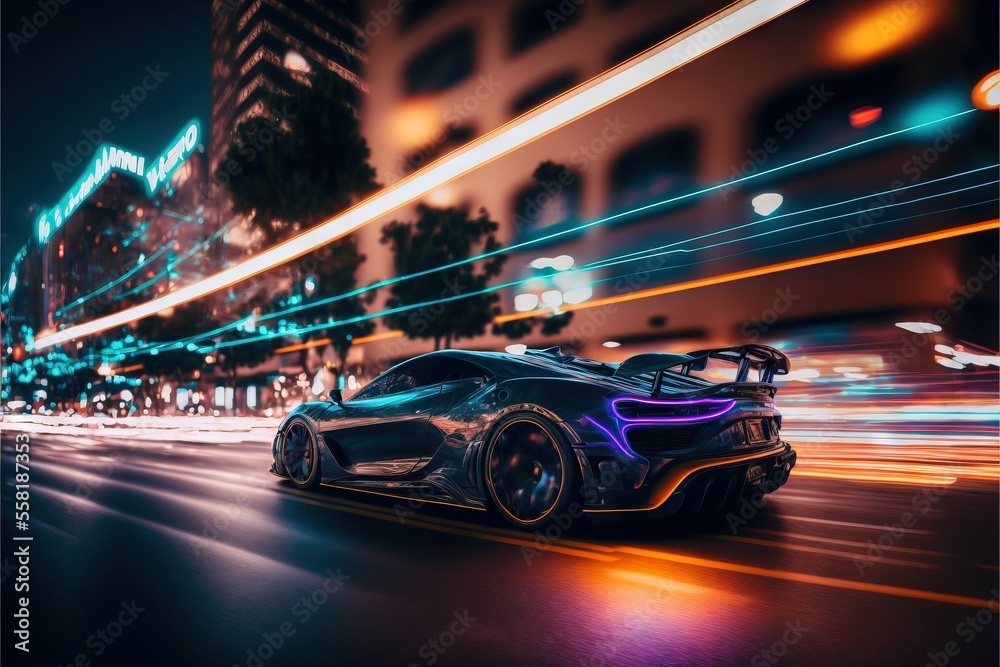 a black sports car driving down a city street at night Stock ...