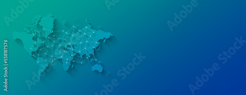 World map and digital network illustration on a blue background. Horizontal banner
