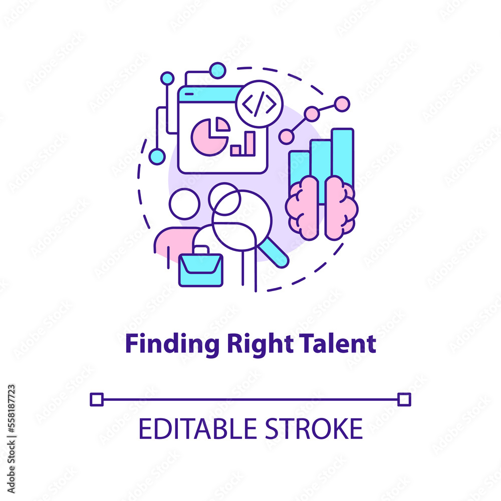 Finding right talent concept icon. Employees hiring. Data science challenge abstract idea thin line illustration. Isolated outline drawing. Editable stroke. Arial, Myriad Pro-Bold fonts used Finding right talent concept icon. Employees hiring. Data science challenge abstract idea thin line illustration. Isolated outline drawing. Editable stroke. Arial, Myriad Pro-Bold fonts used