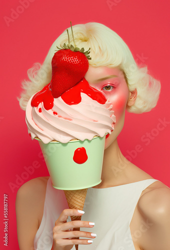 Illustrated portrait of a young beautiful girl enjoys a huge delicious sweet dessert. Abstract pastel tasty snack. Broken diet. Generative AI. photo