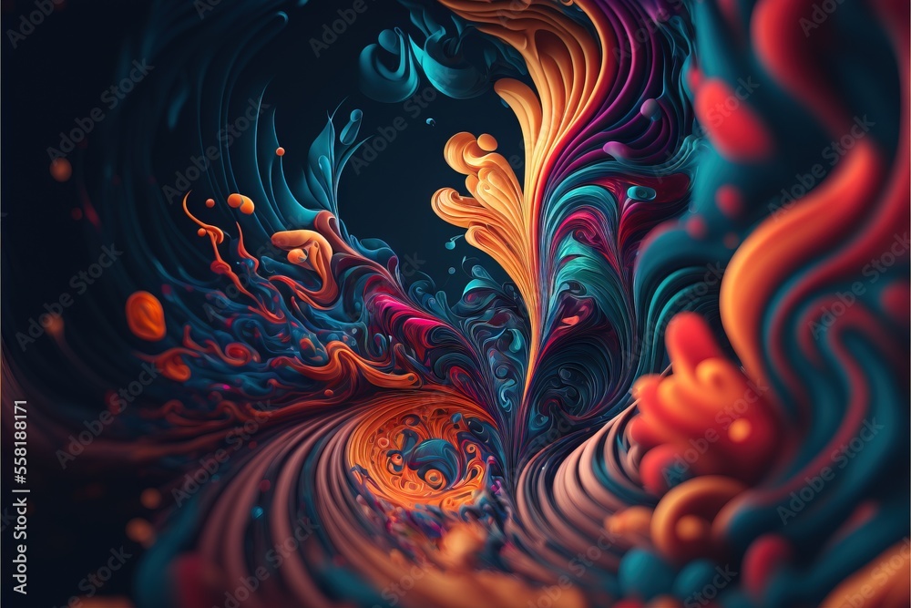 an abstract painting of a swirly pattern in blue, orange, and red ...