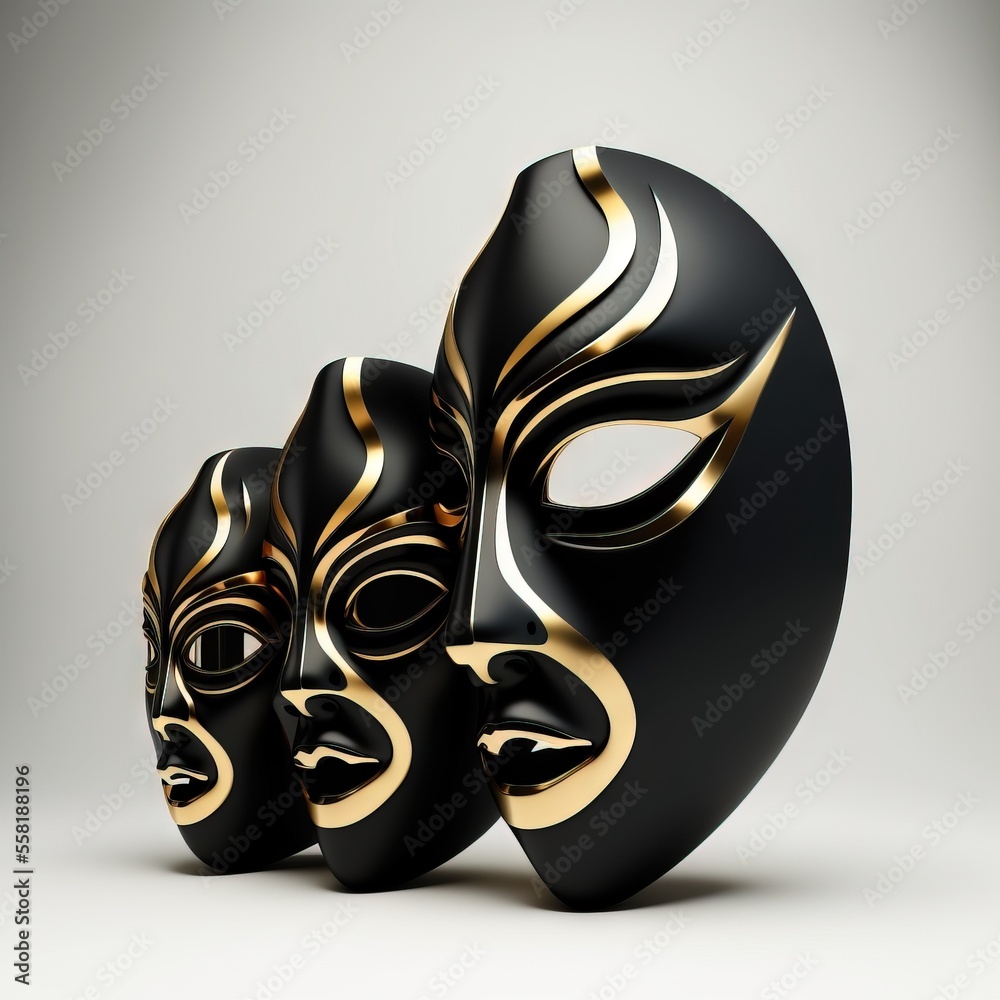 Two Gold Masks two masks with gold lines on them are sitting next to each other on a ...