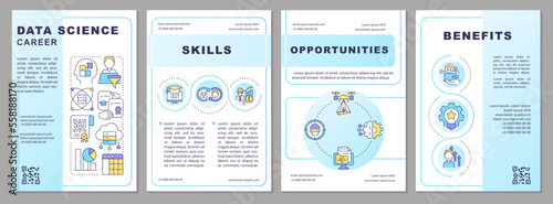 Data science career blue gradient brochure template. Engineer job. Leaflet design with linear icons. 4 vector layouts for presentation, annual reports. Arial, Myriad Pro-Regular fonts used