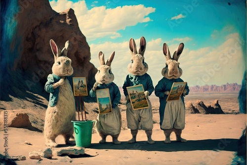  a group of four rabbits standing next to each other holding pictures of themselves in front of a rock formation with a blue sky in the background and a blue sky with  Generative AI photo
