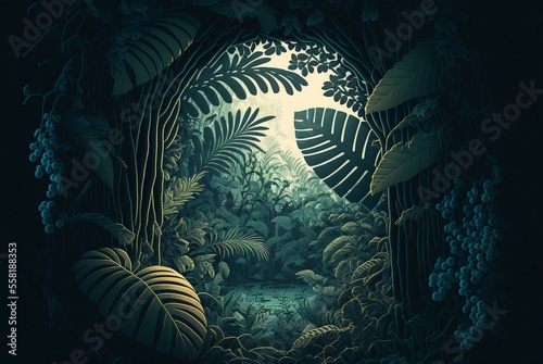 illustration, landscape of lush jungle, 3D, illustration.