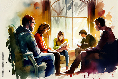 People in therapy session, psychologist, watercolor paint