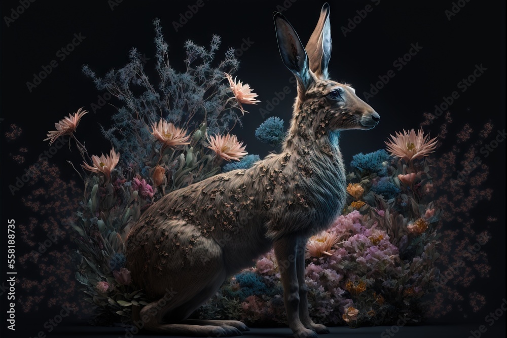 a painting of a rabbit surrounded by flowers and plants on a black