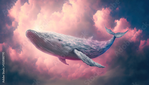 A pastel colorful illustrated whale fish sailing through the sky, through soft, white, thick clouds. Abstract elegant, pink, water animal. Generative AI. photo