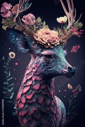 Canvastavla a painting of a deer with flowers on its antlers and a flower crown on its head, with a dark background and a pink flower arrangement in the center of the antlers of the antlers