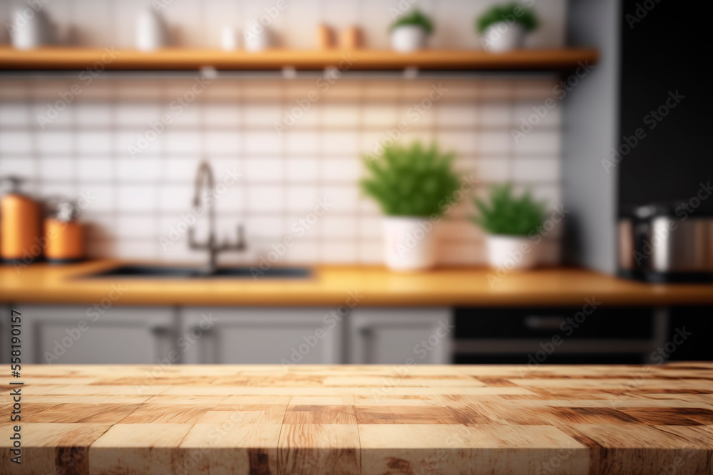 Provence style wooden table of light wood in the foreground and blurred background of a kitchen with kitchen utensils, a sink, potted flowers, generative ai backdrop 