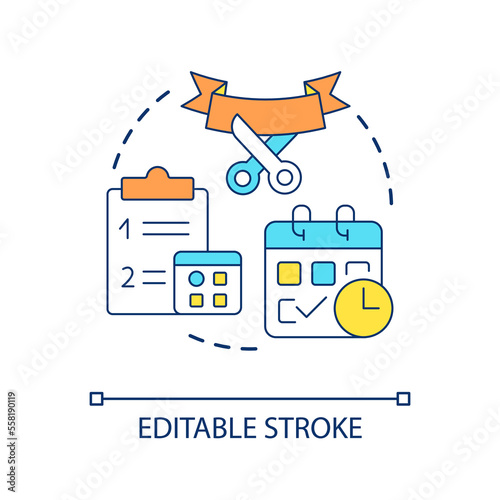 Schedule opening date concept icon. Company growth management. Planning business event abstract idea thin line illustration. Isolated outline drawing. Editable stroke. Arial font used