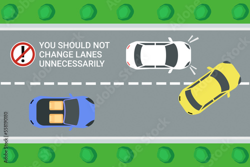 Safety car driving rules and tips You should not change lanes unnecessarily, always follow traffic rules Traffic offences concept. 