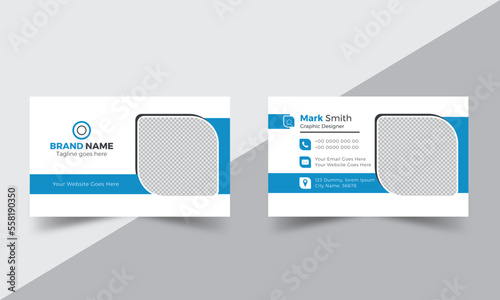 Blue modern & minimal business card with photo, simple clean design template, vector design, professional business card template, visiting card template. double sided business card design template 
