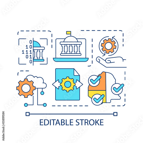 Government digitization concept icon. Transformation. Computer system. Cloud storage abstract idea thin line illustration. Isolated outline drawing. Editable stroke. Arial font used
