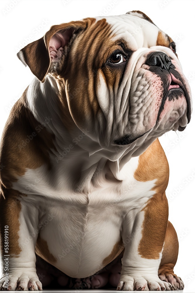 a brown and white dog sitting on top of a white floor next to a white ...