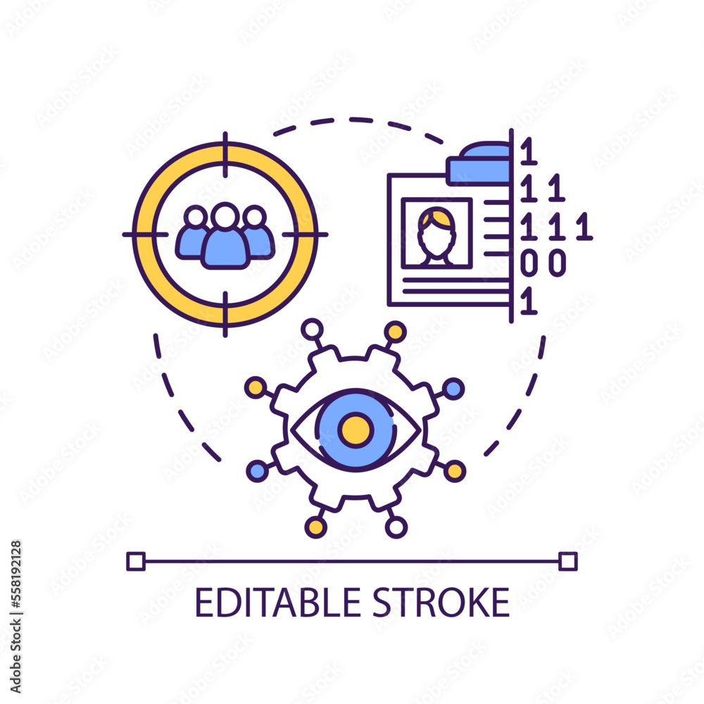 Hyper surveillance concept icon. Monitor group of citizens. Personality detection. Digital system abstract idea thin line illustration. Isolated outline drawing. Editable stroke. Arial font used Hyper surveillance concept icon. Monitor group of citizens. Personality detection. Digital system abstract idea thin line illustration. Isolated outline drawing. Editable stroke. Arial font used