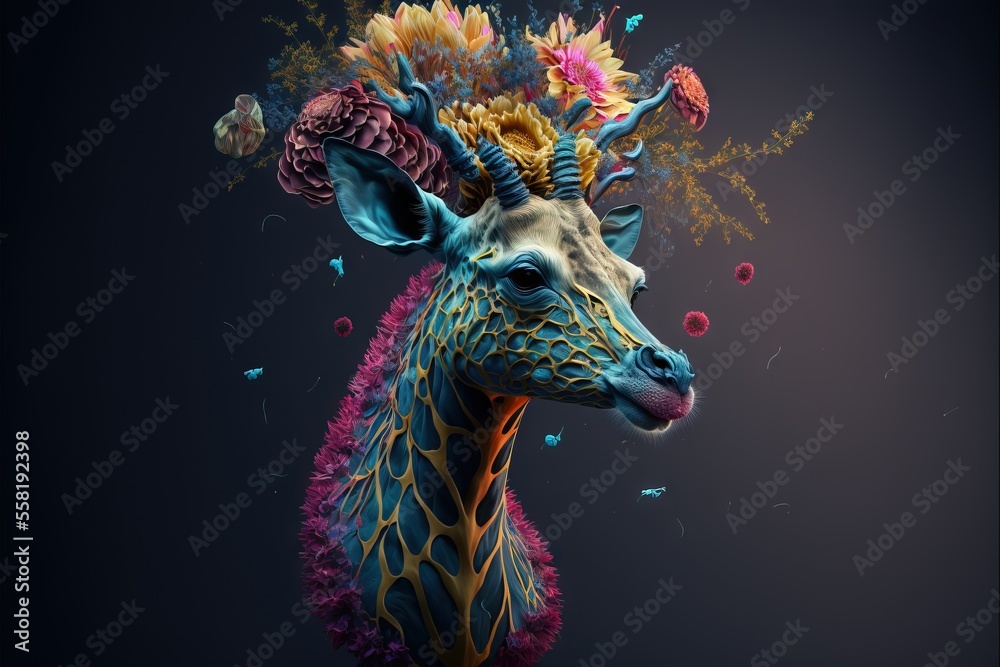 Fototapeta premium a giraffe with a bunch of flowers on it's head and a bunch of feathers on its head and a bunch of flowers on its head, all over its head, against a dark background. generative ai