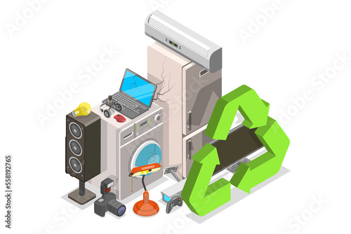 3D Isometric Flat  Conceptual Illustration of Electronics And Appliances Recycling photo