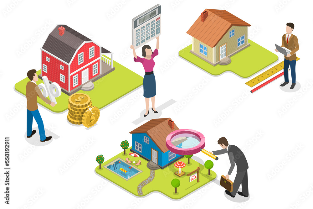 3D Isometric Flat Conceptual Illustration of Real Estate Valuation 3D Isometric Flat Conceptual Illustration of Real Estate Valuation