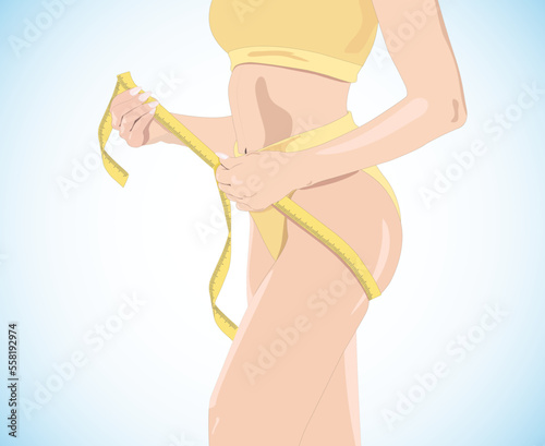 illustration. A slender girl in yellow underwear measures her waist and hips with a centimeter. The concept of weight loss and healthy lifestyle.