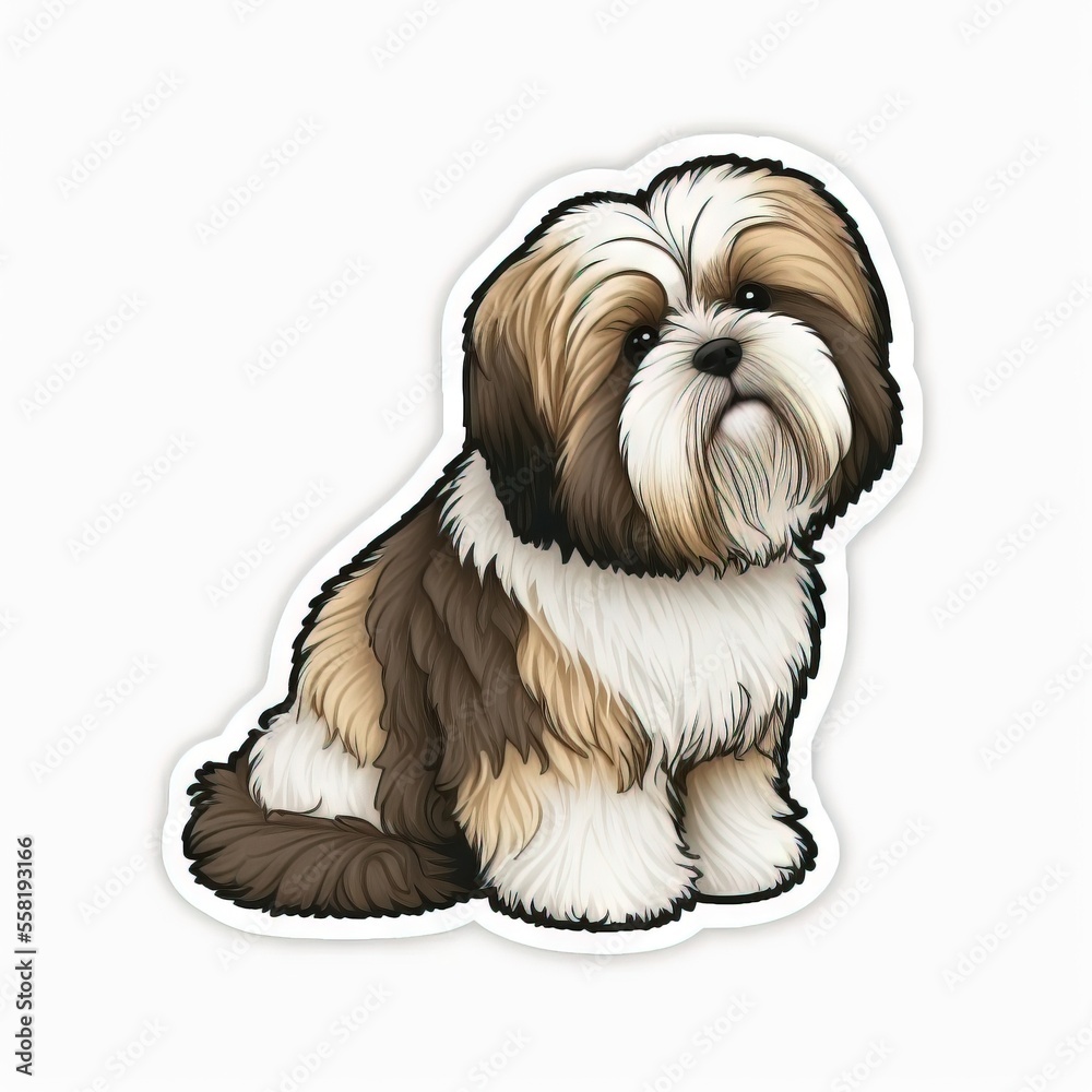 a brown and white dog sitting on top of a white background with a black
