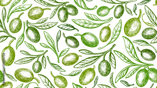 Green olives fruit, leaves Vector seamless pattern