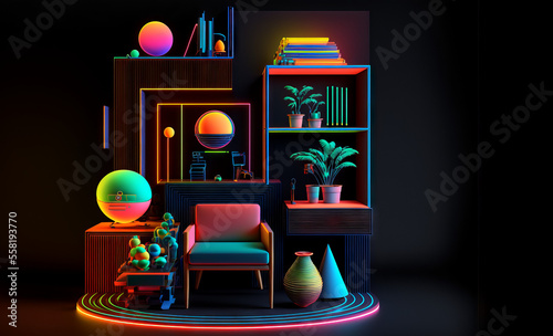 Colorful Abstract arrangement of furniture and geometric shape on a black background.  
generative ai
