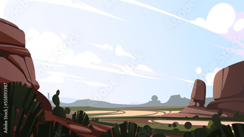 Desert landscape with vegetation and mountains. Vector illustration