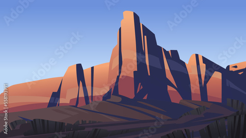 Desert landscape at sunset with vegetation and mountains. Vector illustration photo