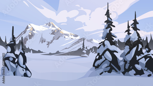 Winter landscape. Mountains in the distance, pines in the foreground. Vector illustration