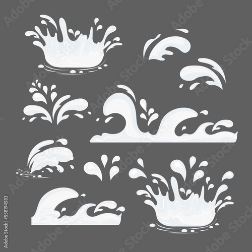 Splashes, drops of milk. Vector set on a gray background.