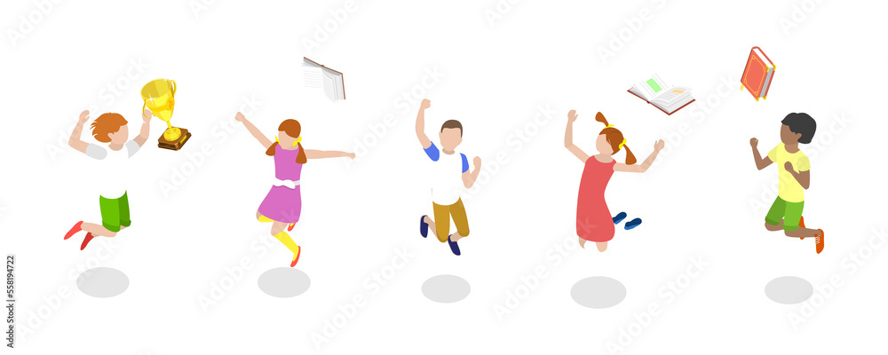 3D Isometric Flat Conceptual Illustration of Jumping Happy Kids 3D Isometric Flat Conceptual Illustration of Jumping Happy Kids