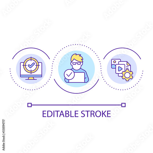 Quality programming loop concept icon. Computer science abstract idea thin line illustration. Writing perfect code. Software development. Isolated outline drawing. Editable stroke. Arial font used
