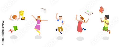 3D Isometric Flat  Conceptual Illustration of Jumping Happy Kids