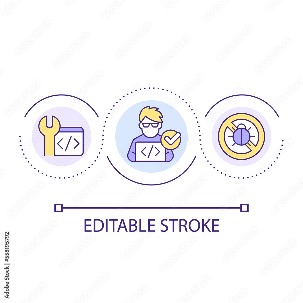 Writing error-free code loop concept icon. Computer science abstract idea thin line illustration. Perfect program. Software development. Isolated outline drawing. Editable stroke. Arial font used