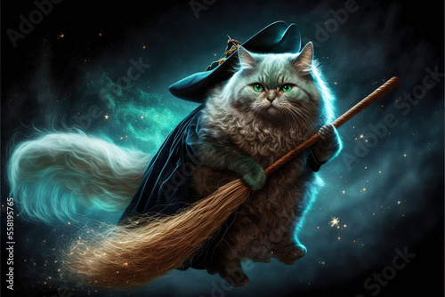 Fotótapéta epiphany hag cat riding a broom illustration generative ai